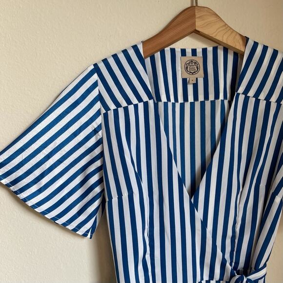 Anthropologie Family Affairs Blue and White Stripe Wrap Mini Dress S - Picture 3 of 7